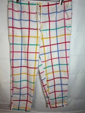 VTG 80s Jibs Multicolor Checkered Drawstring Pants High Waist Plaid Cotton XL